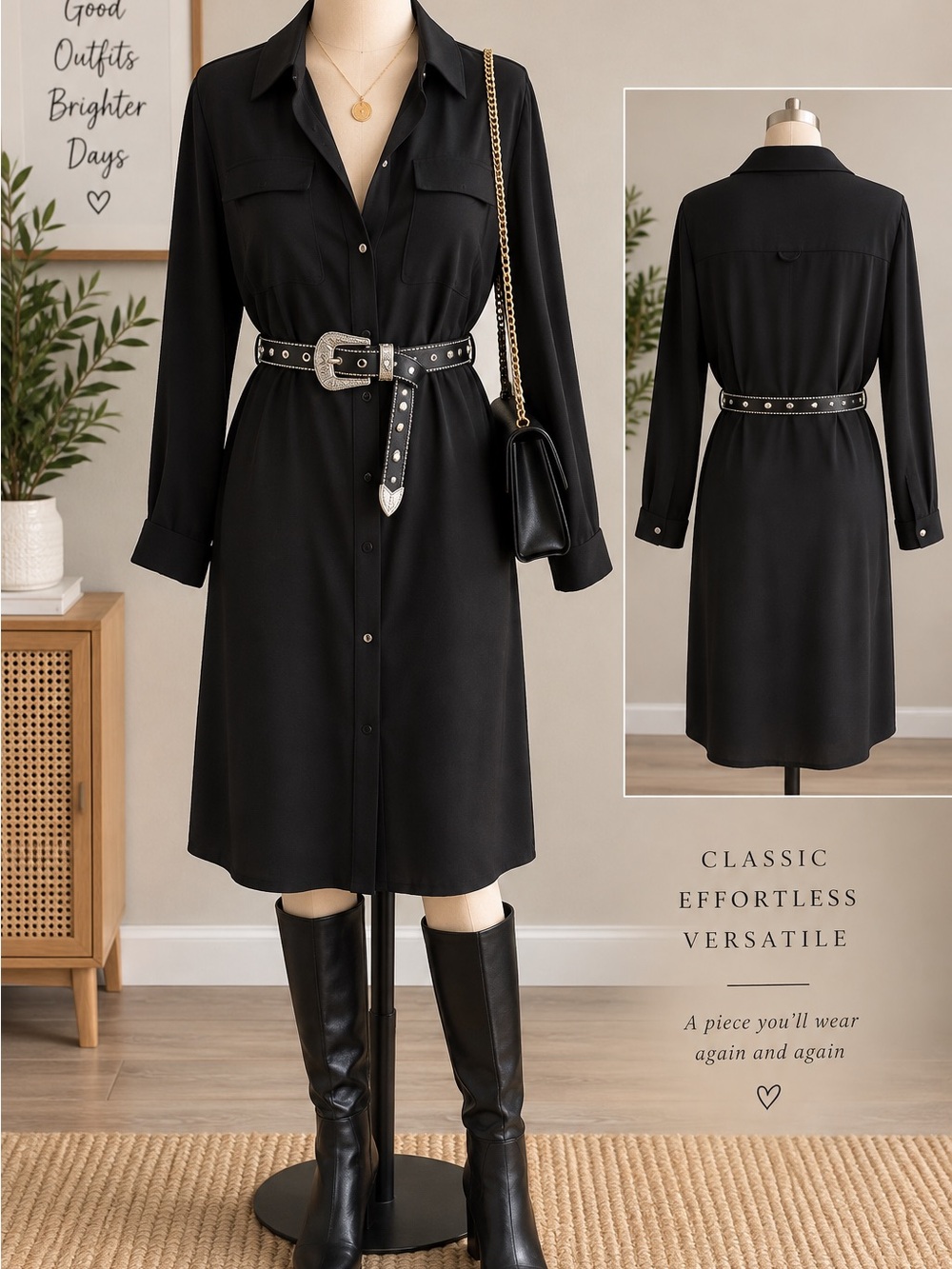 ZARA Black Belted Shirt Dress Studded Western Belt M
